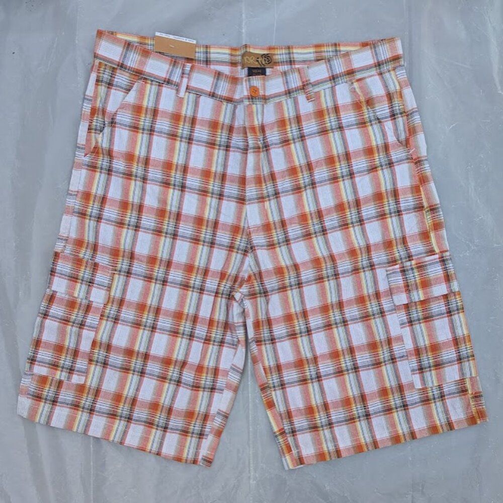 North 15 Shorts Mens SZ 44 Orange Plaid Flat Front Casual 13.5" Inseam
